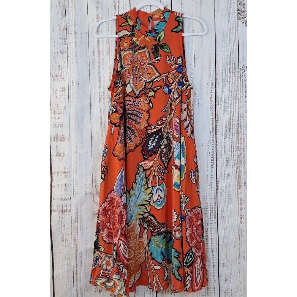 Maeve Anthropologie S 100% Silk Swing Dress Larkhill Orange Sleeveless Pockets - Picture 2 of 6